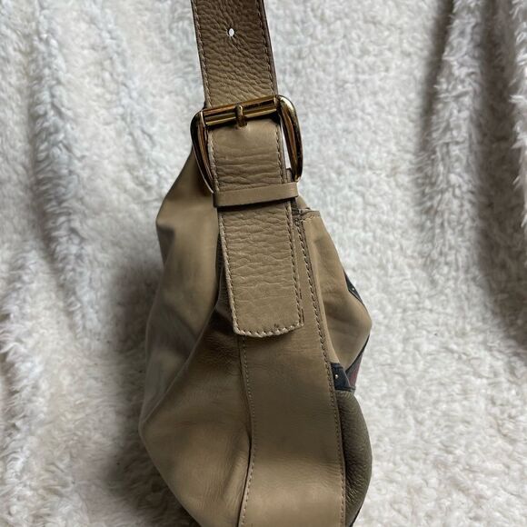 A.Bellucci leather khaki,taupe,burgundy &black stripes shoulder bag studs accent - Picture 4 of 16